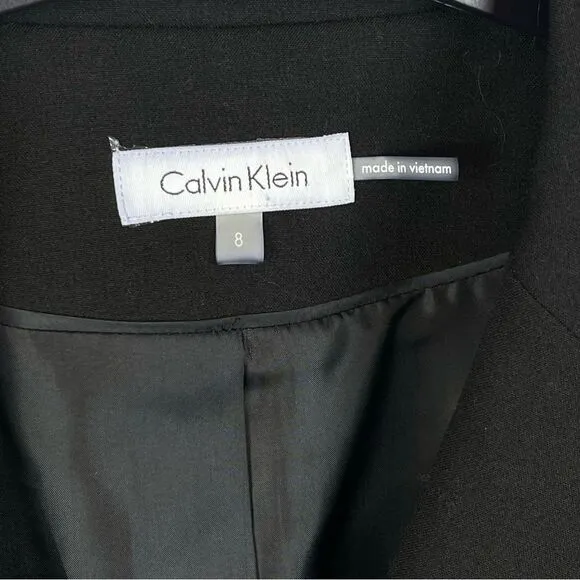 Calvin Klein Blazer Black Two Button Jacket Gold Zippered Pockets Fitted Size 8