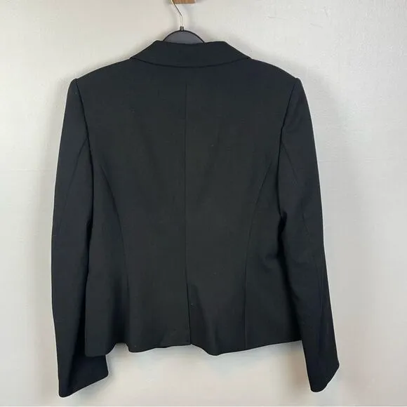 Calvin Klein Blazer Black Two Button Jacket Gold Zippered Pockets Fitted Size 8