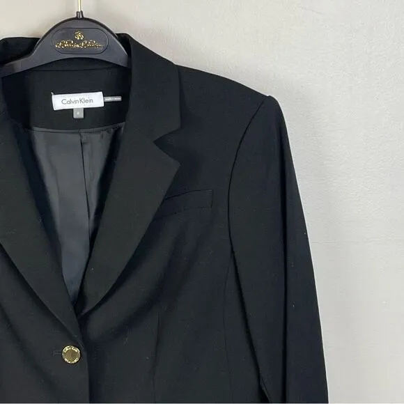 Calvin Klein Blazer Black Two Button Jacket Gold Zippered Pockets Fitted Size 8