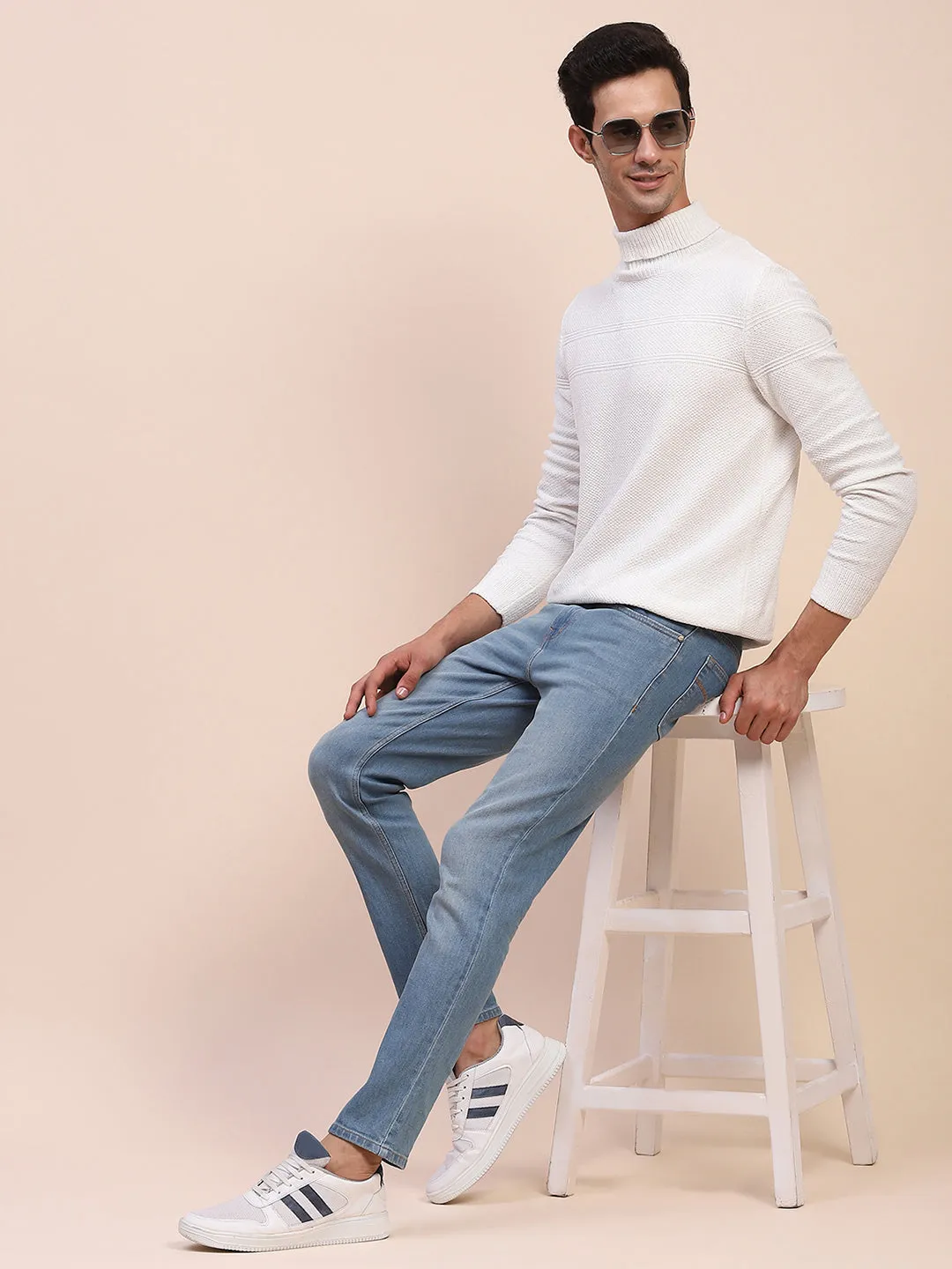 Camla Barcelona White Mock Neck Full Sleeve Sweater