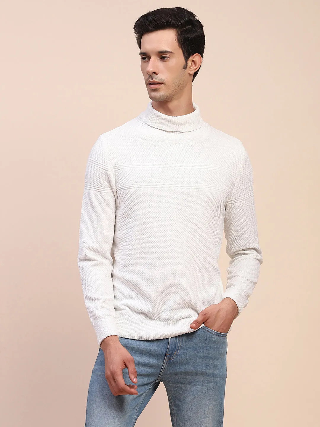 Camla Barcelona White Mock Neck Full Sleeve Sweater