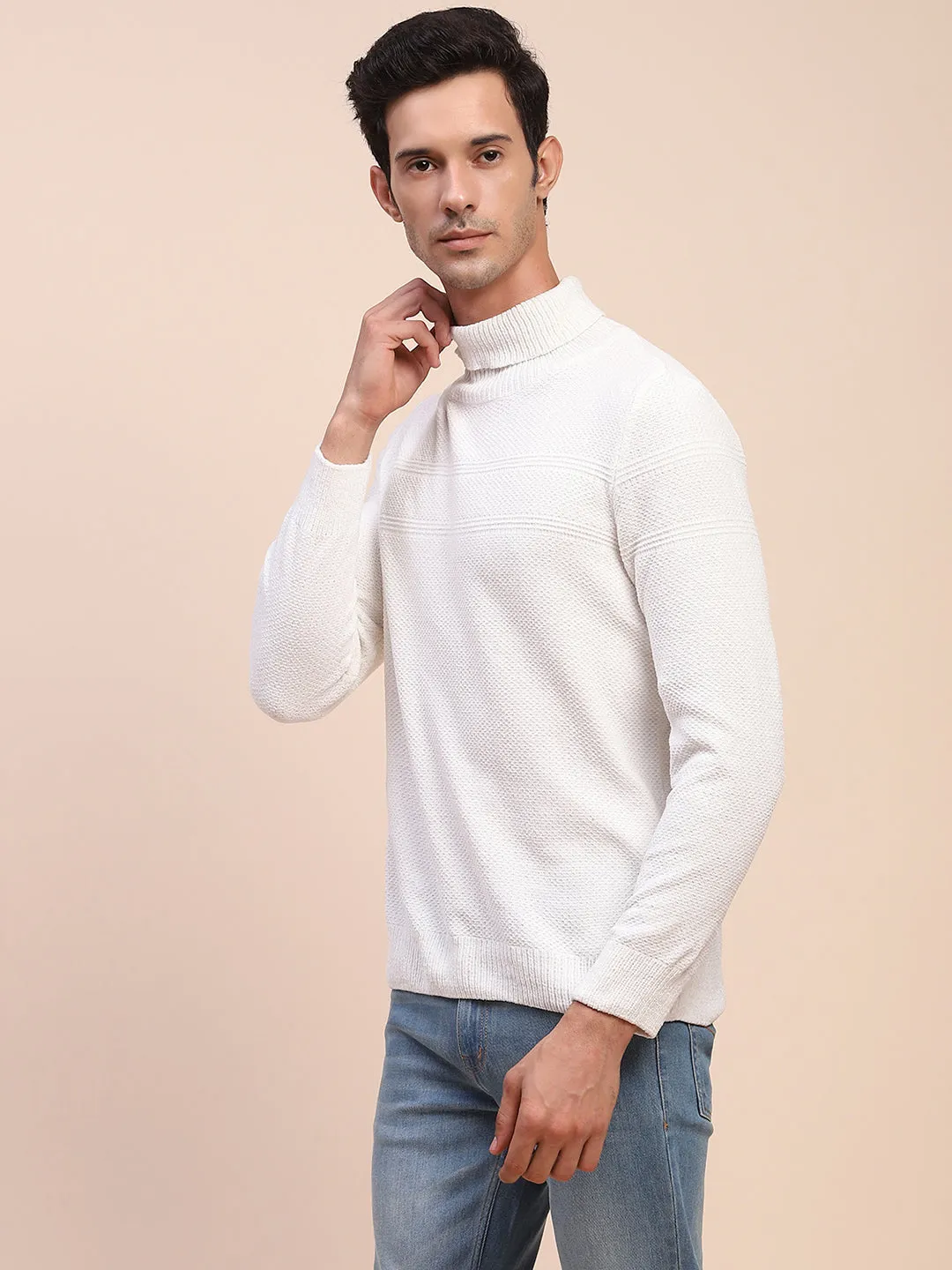 Camla Barcelona White Mock Neck Full Sleeve Sweater
