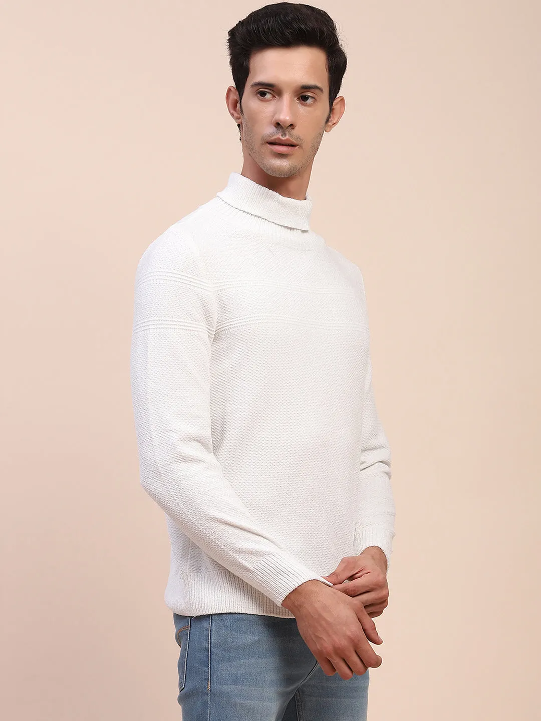 Camla Barcelona White Mock Neck Full Sleeve Sweater