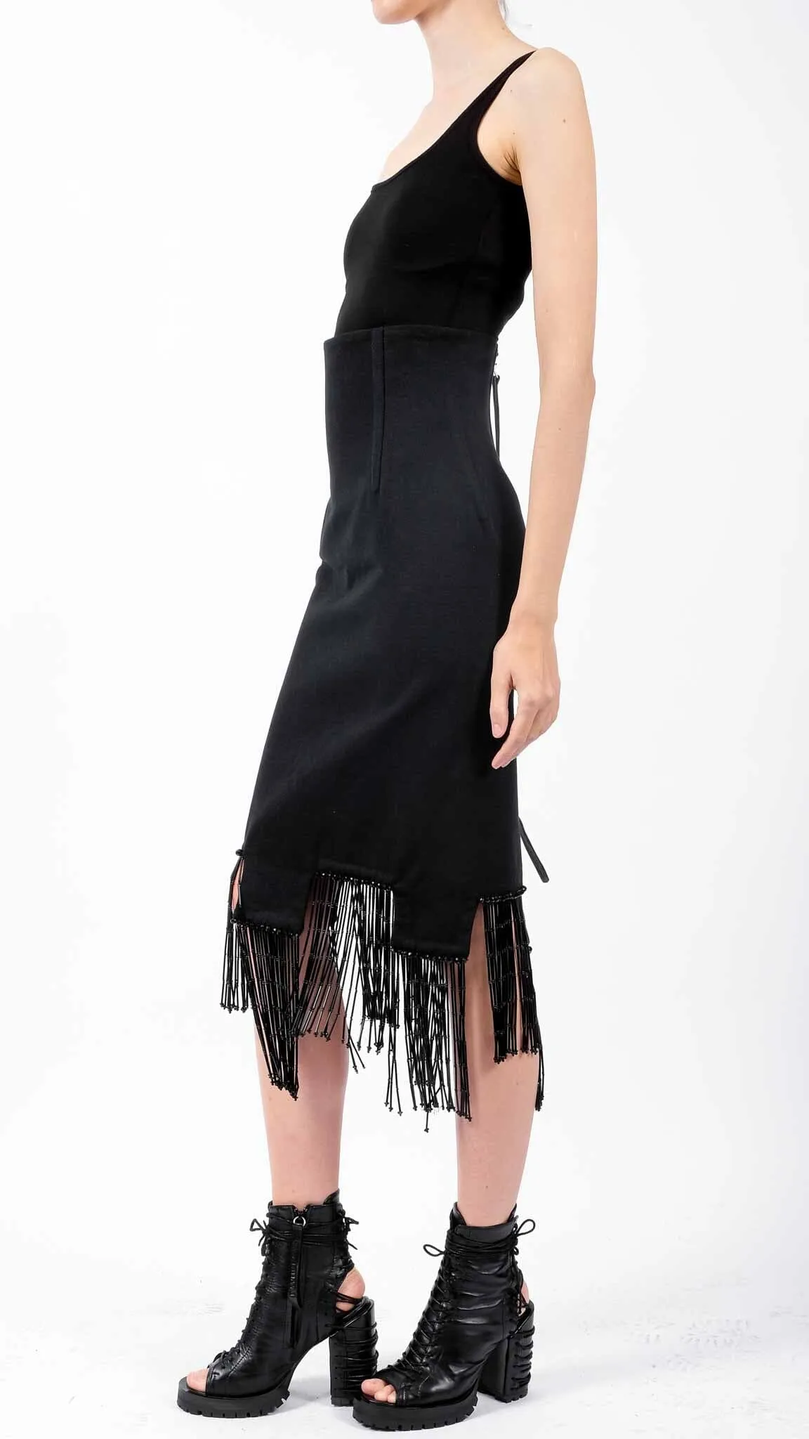 Canvas Skirt with Stones and Fringes Midi