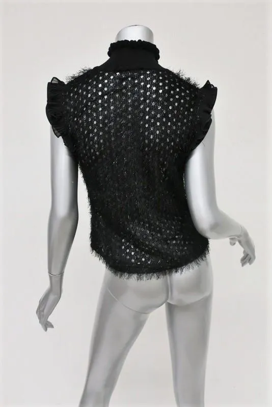 Carven Turtleneck Top Black Tinsel Eyelash Knit Size 36 Ruffle-Trim Blouse