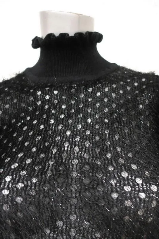 Carven Turtleneck Top Black Tinsel Eyelash Knit Size 36 Ruffle-Trim Blouse