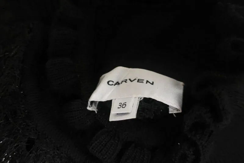 Carven Turtleneck Top Black Tinsel Eyelash Knit Size 36 Ruffle-Trim Blouse