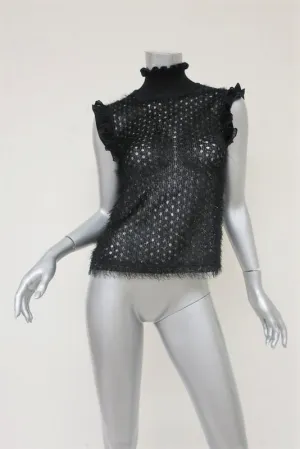 Carven Turtleneck Top Black Tinsel Eyelash Knit Size 36 Ruffle-Trim Blouse