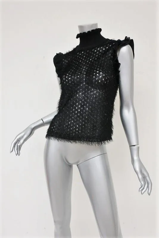 Carven Turtleneck Top Black Tinsel Eyelash Knit Size 36 Ruffle-Trim Blouse