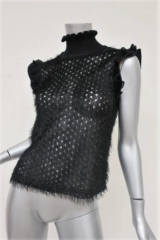 Carven Turtleneck Top Black Tinsel Eyelash Knit Size 36 Ruffle-Trim Blouse