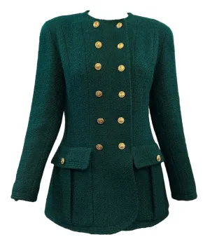 Chanel 90s Kelly Green Double-Breasted Nubby Wool Jacket with Logo Buttons