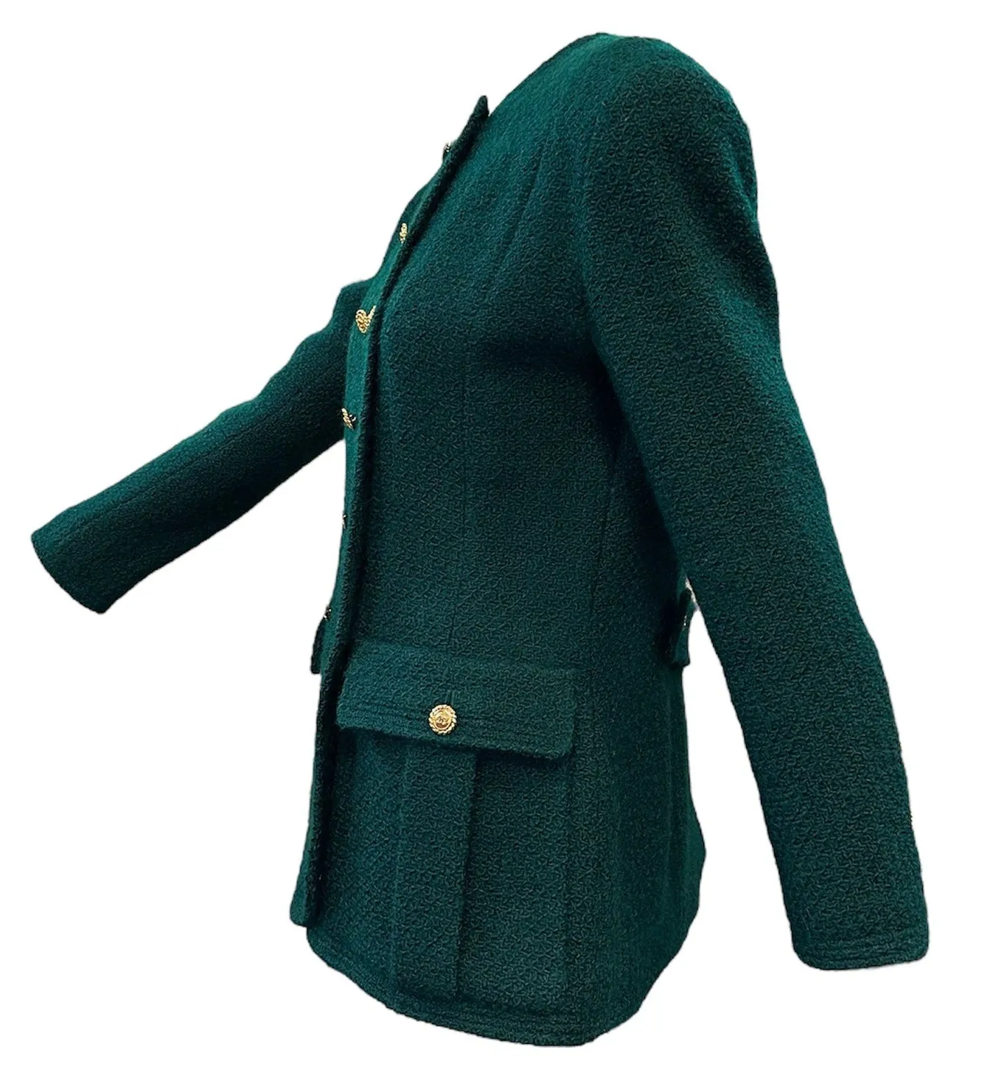 Chanel 90s Kelly Green Double-Breasted Nubby Wool Jacket with Logo Buttons