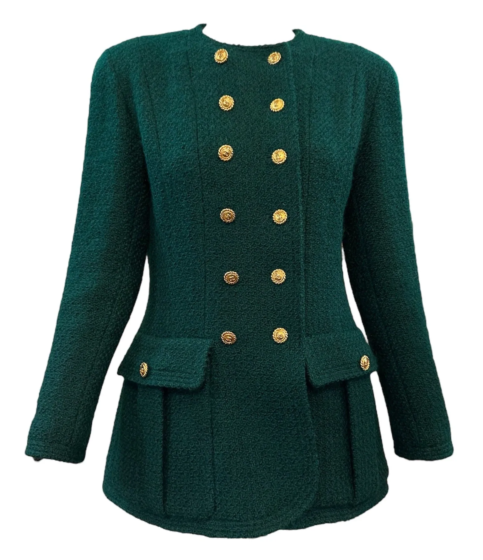 Chanel 90s Kelly Green Double-Breasted Nubby Wool Jacket with Logo Buttons