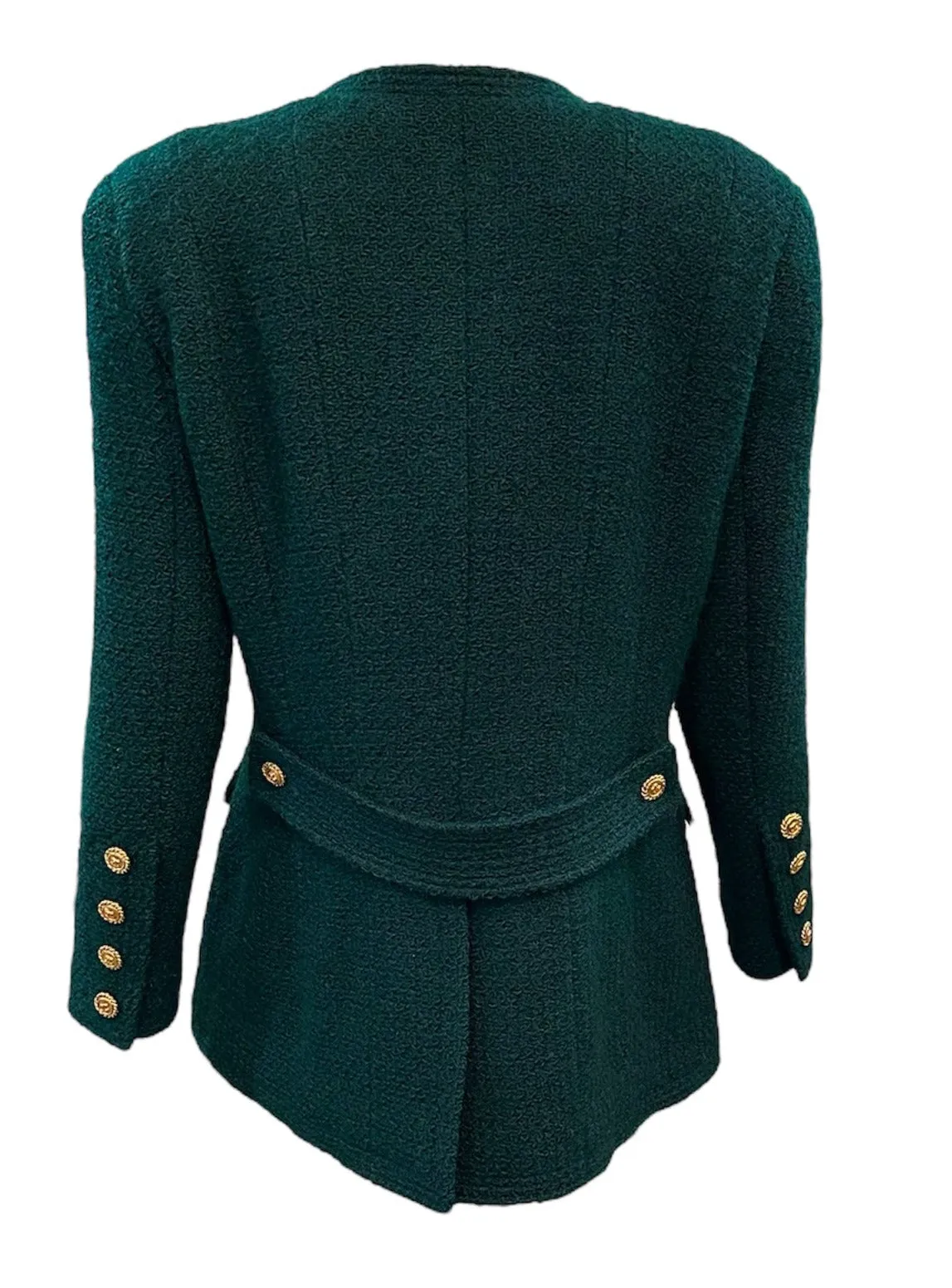 Chanel 90s Kelly Green Double-Breasted Nubby Wool Jacket with Logo Buttons