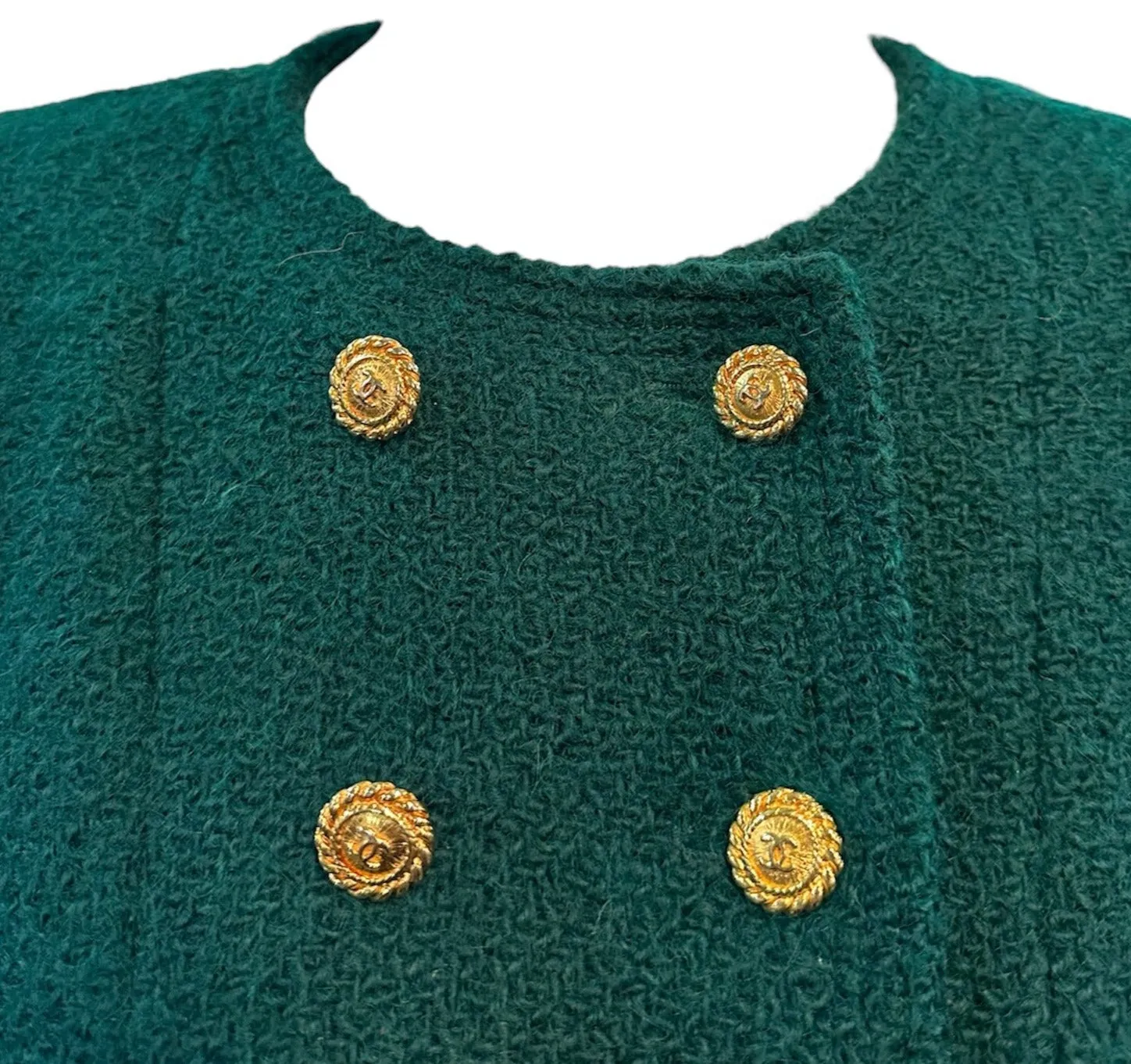Chanel 90s Kelly Green Double-Breasted Nubby Wool Jacket with Logo Buttons