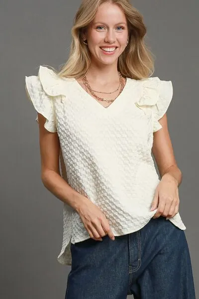 Charm Your Way Textured Jacquard V-Neck Ruffle Cap Top