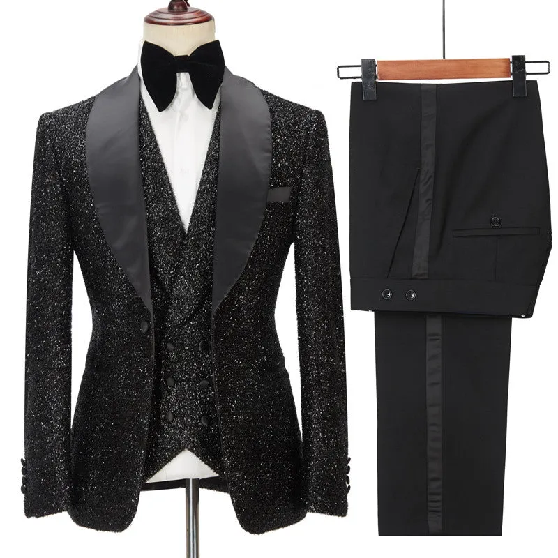 Chic Sparkly Black Three Pieces Shawl Lapel Bespoke Wedding Suit for Men
