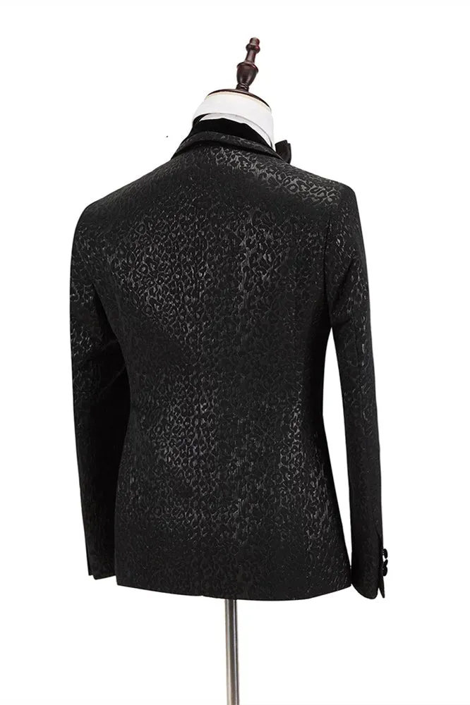 Classic Velvet Lapel Double Breasted Prom Suit Belt Leopard Black Jacquard Men's Suit for Wedding