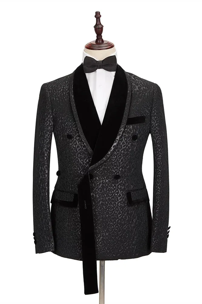Classic Velvet Lapel Double Breasted Prom Suit Belt Leopard Black Jacquard Men's Suit for Wedding