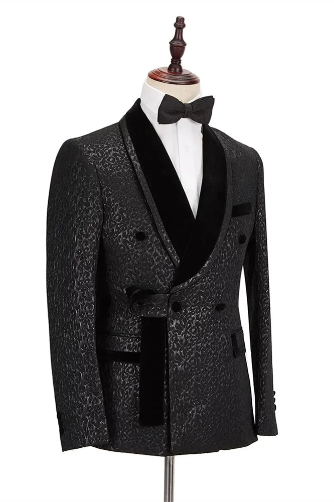 Classic Velvet Lapel Double Breasted Prom Suit Belt Leopard Black Jacquard Men's Suit for Wedding