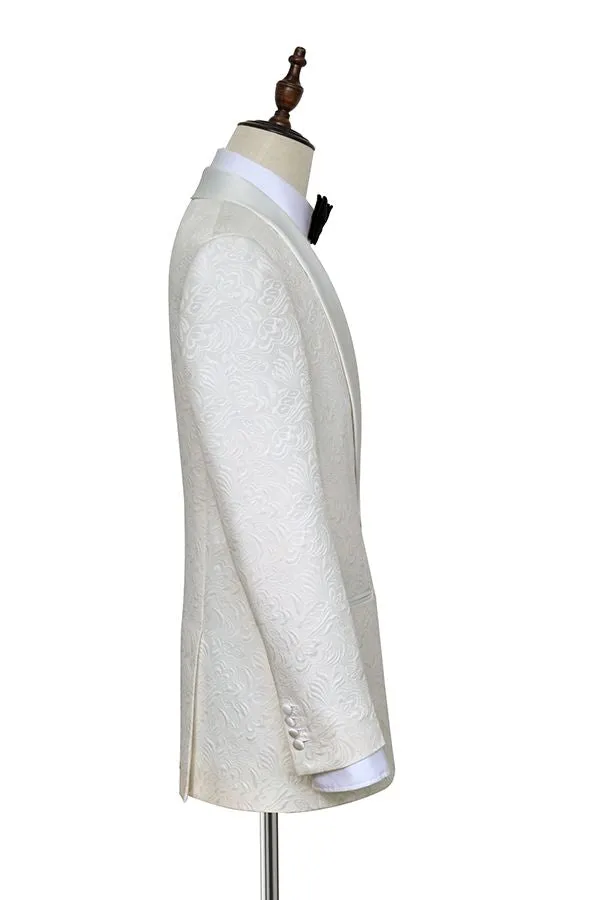 Classy Jacquard White Tuxedos for Wedding Silk Shawl Lapel One Button Wedding Suit for Men