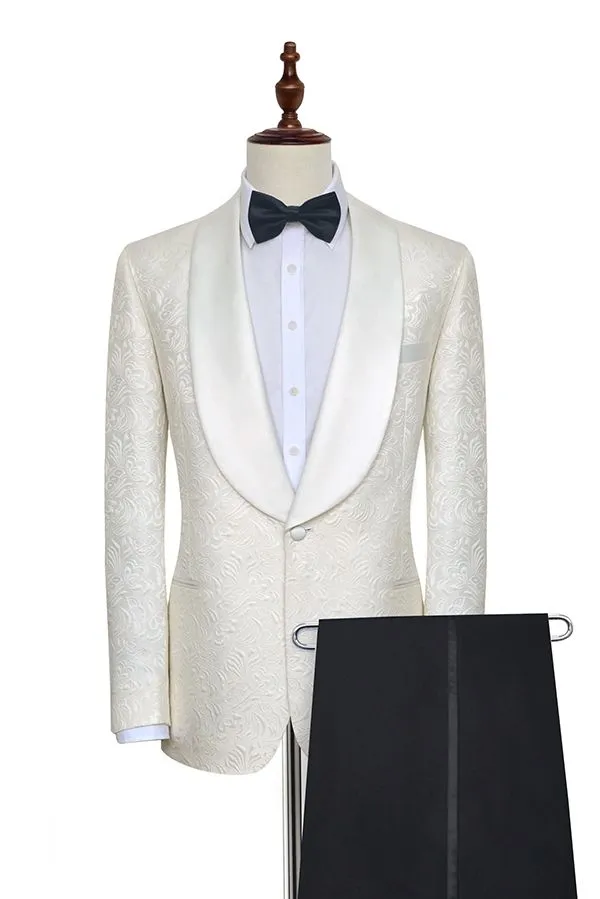 Classy Jacquard White Tuxedos for Wedding Silk Shawl Lapel One Button Wedding Suit for Men
