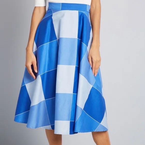 Collectif x Modcloth Veronique Blue Check Window Pane Swing Skirt UK 18 fits 1X