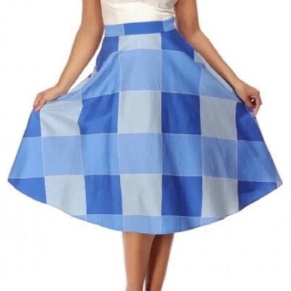 Collectif x Modcloth Veronique Blue Check Window Pane Swing Skirt UK 18 fits 1X
