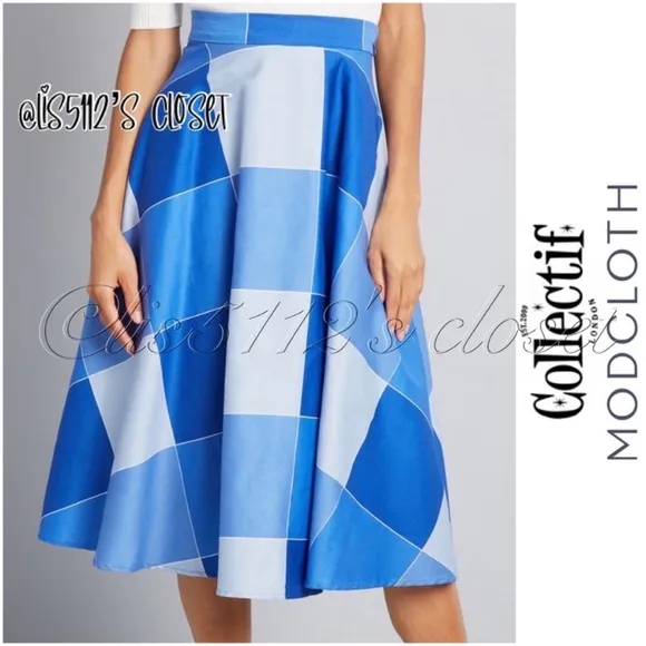 Collectif x Modcloth Veronique Blue Check Window Pane Swing Skirt UK 18 fits 1X