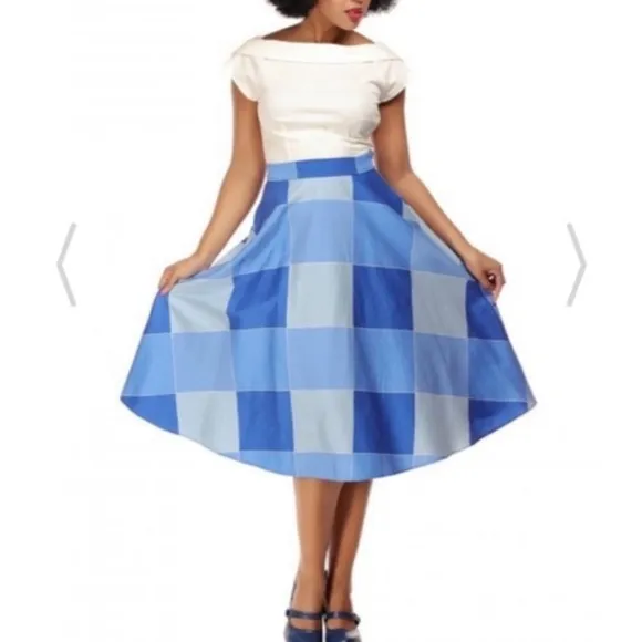 Collectif x Modcloth Veronique Blue Check Window Pane Swing Skirt UK 18 fits 1X