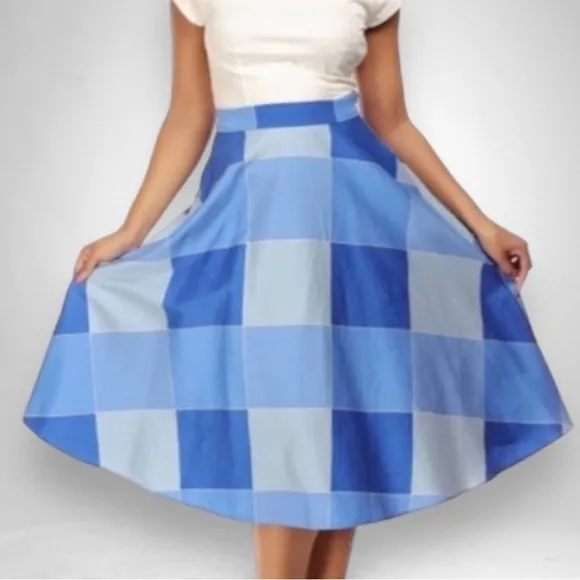 Collectif x Modcloth Veronique Blue Check Window Pane Swing Skirt UK 18 fits 1X