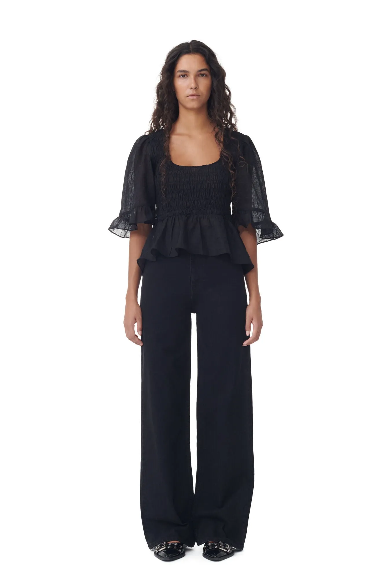 Crinkled Georgette Smock Blouse | Black