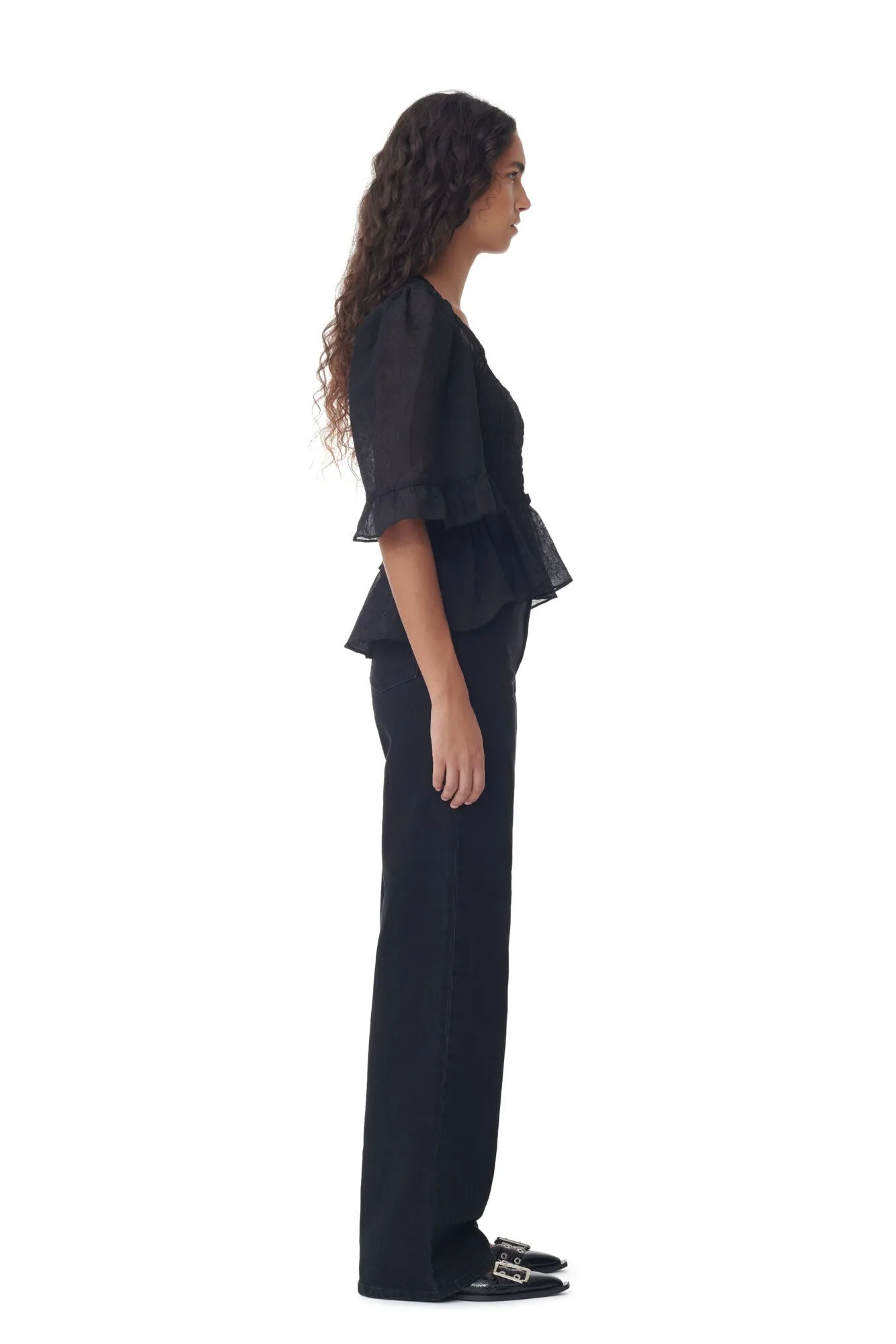 Crinkled Georgette Smock Blouse | Black
