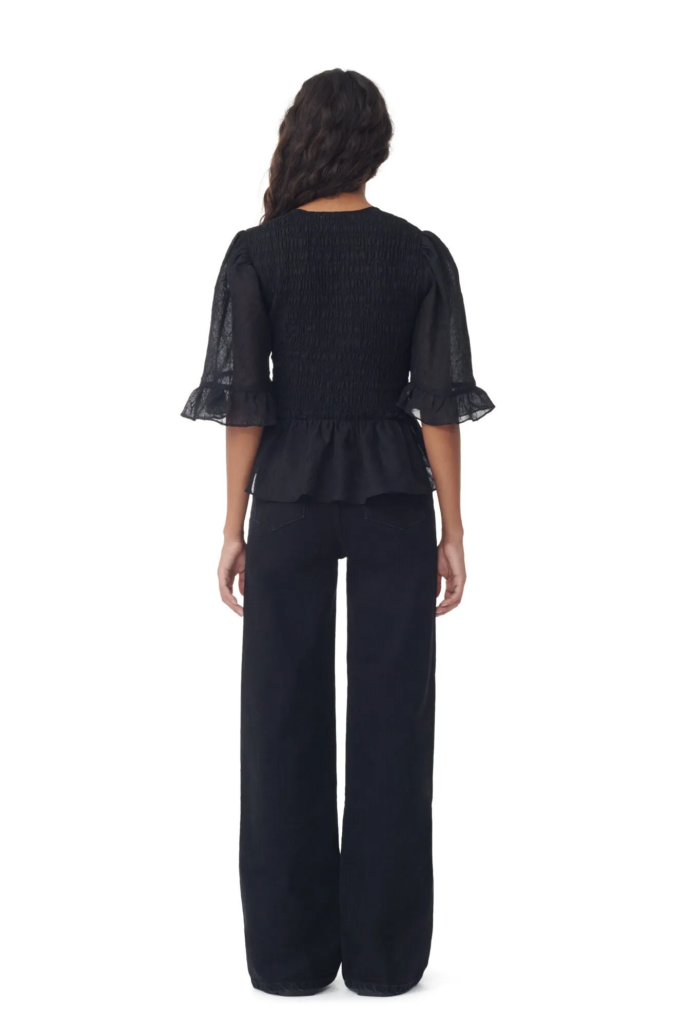 Crinkled Georgette Smock Blouse | Black