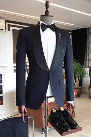 Custom design Shawl lapel 3-pieces Navy Blue Slim Fit One Button Wedding Men Suits