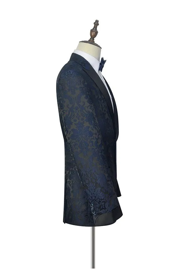 Dark Navy Jacquard Prom Suits Black Silk Peak Lapel Mens Suits for Weddings
