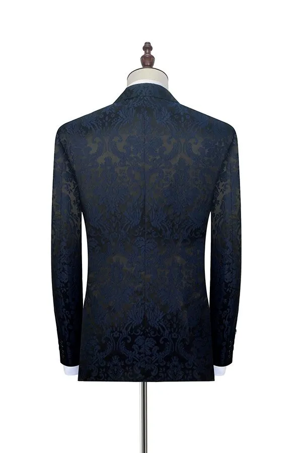 Dark Navy Jacquard Prom Suits Black Silk Peak Lapel Mens Suits for Weddings
