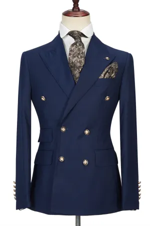 Dark Navy Peak Lapel Double Breasted Formal Men Suit for Prom