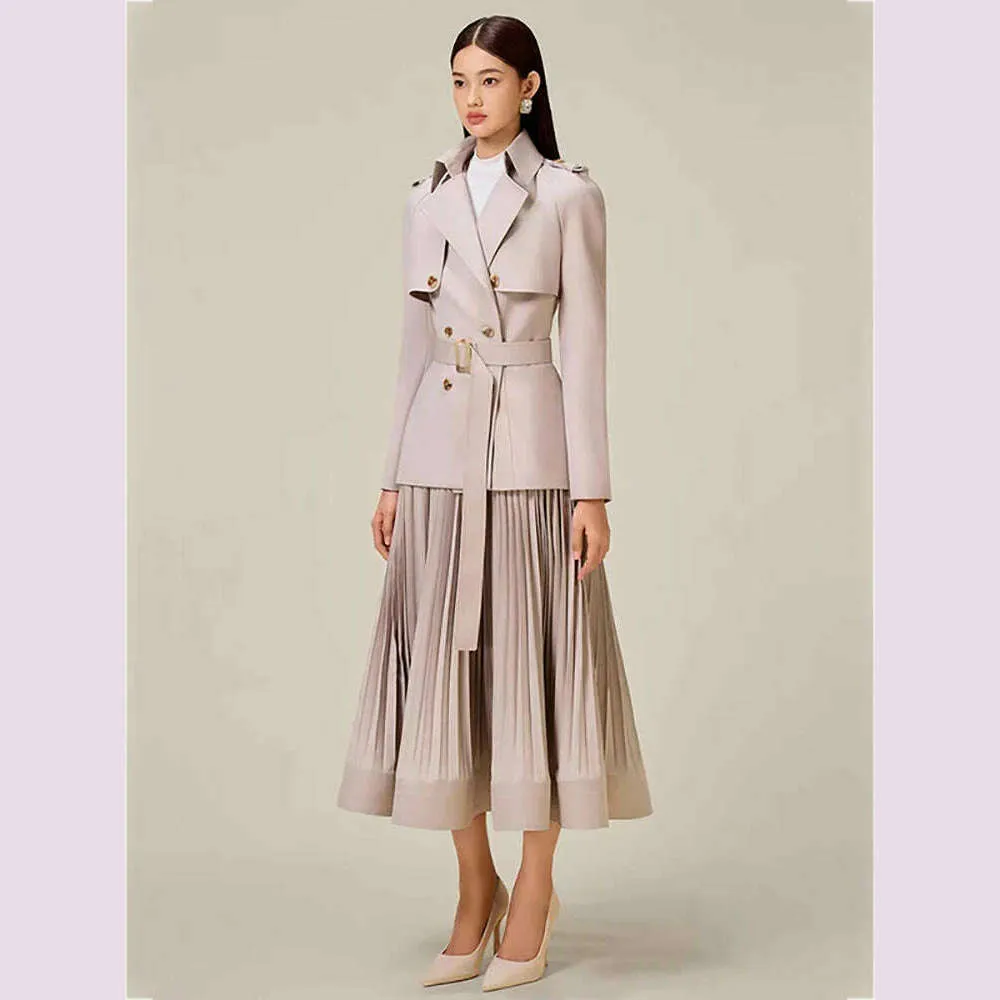 DEAT Women 2 Pcs Set Notched Collar Long Sleeve Double Breasted Belt Coat Folds Skirt Office Lady Suit Autumn 2024 New 13DB4515
