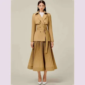 DEAT Women 2 Pcs Set Notched Collar Long Sleeve Double Breasted Belt Coat Folds Skirt Office Lady Suit Autumn 2024 New 13DB4515