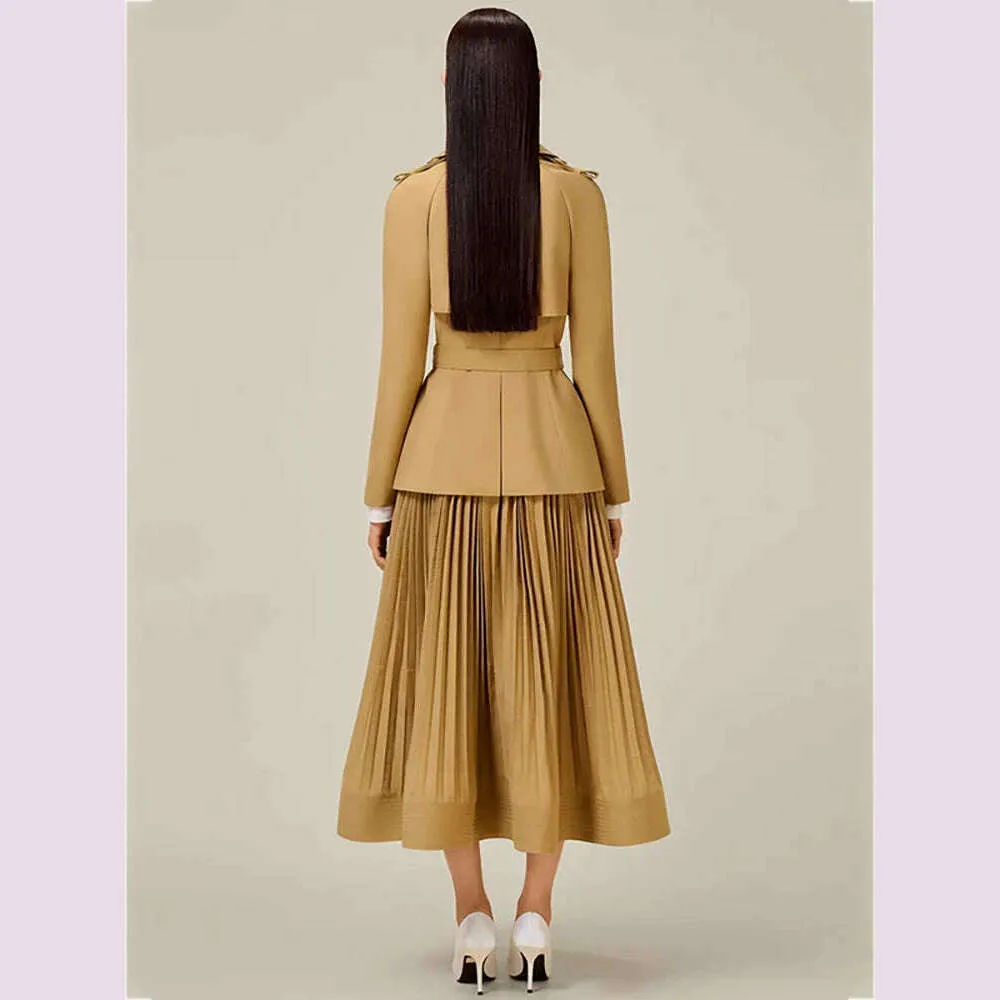 DEAT Women 2 Pcs Set Notched Collar Long Sleeve Double Breasted Belt Coat Folds Skirt Office Lady Suit Autumn 2024 New 13DB4515