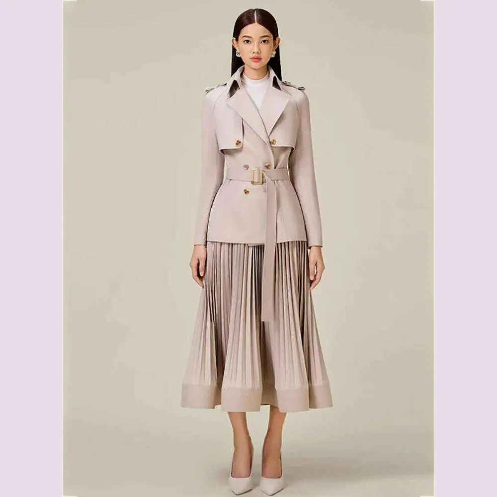 DEAT Women 2 Pcs Set Notched Collar Long Sleeve Double Breasted Belt Coat Folds Skirt Office Lady Suit Autumn 2024 New 13DB4515