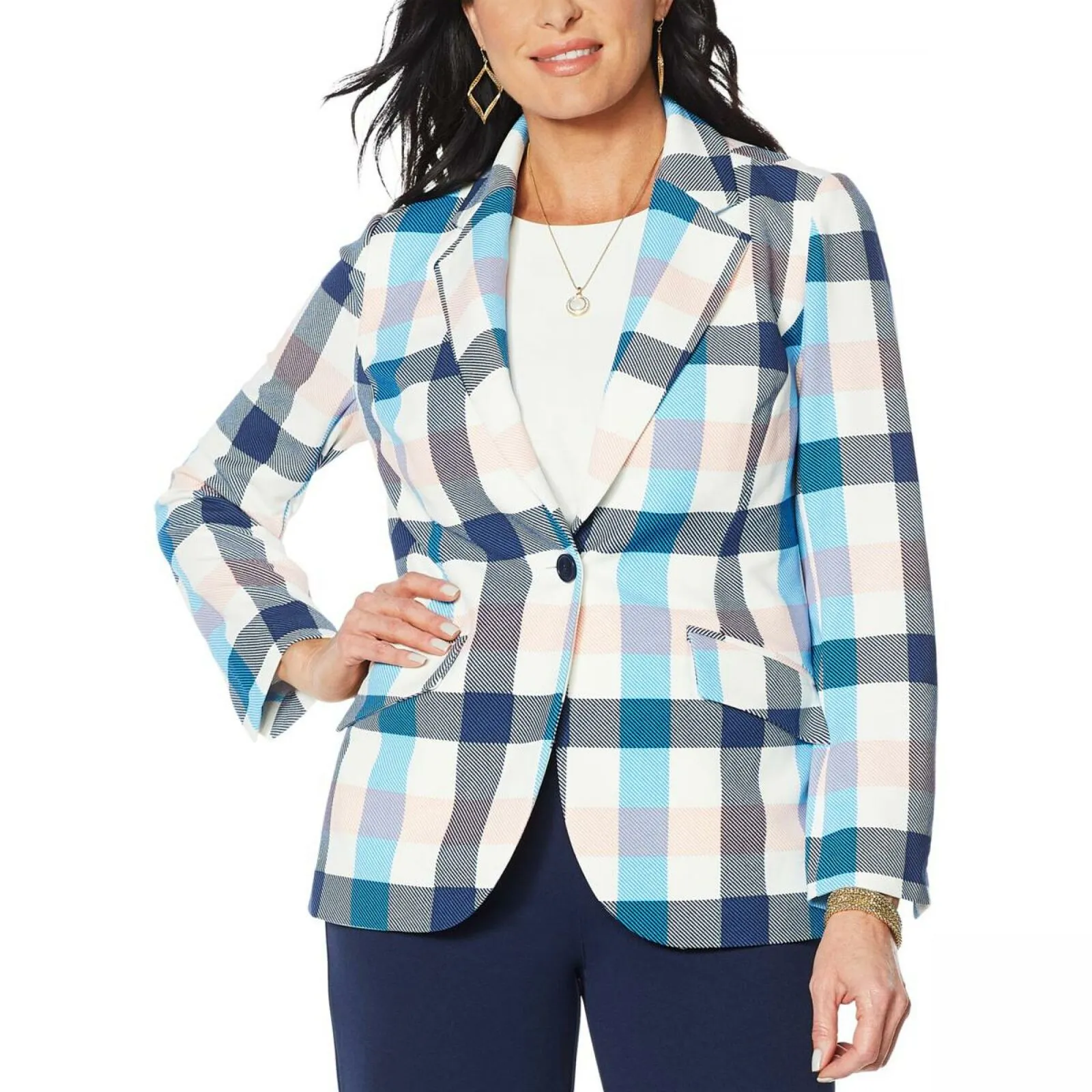 DG2 by Diane Gilman Stretch Crepe Printed Blazer Buffalo Plaid Large