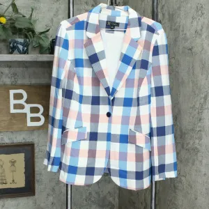 DG2 by Diane Gilman Stretch Crepe Printed Blazer Buffalo Plaid Large