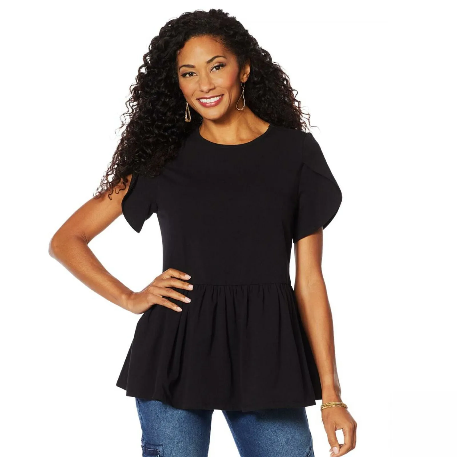 DG2 by Diane Gilman Women's Petal Sleeve Peplum Top Black Medium