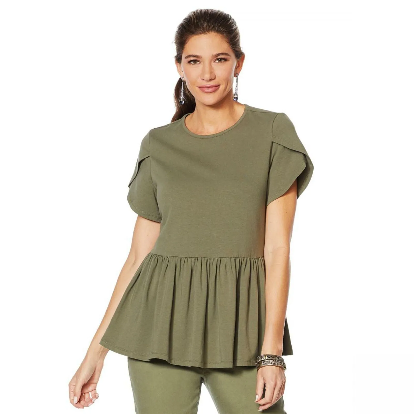 DG2 by Diane Gilman Women's Petal Sleeve Peplum Top Olive Large