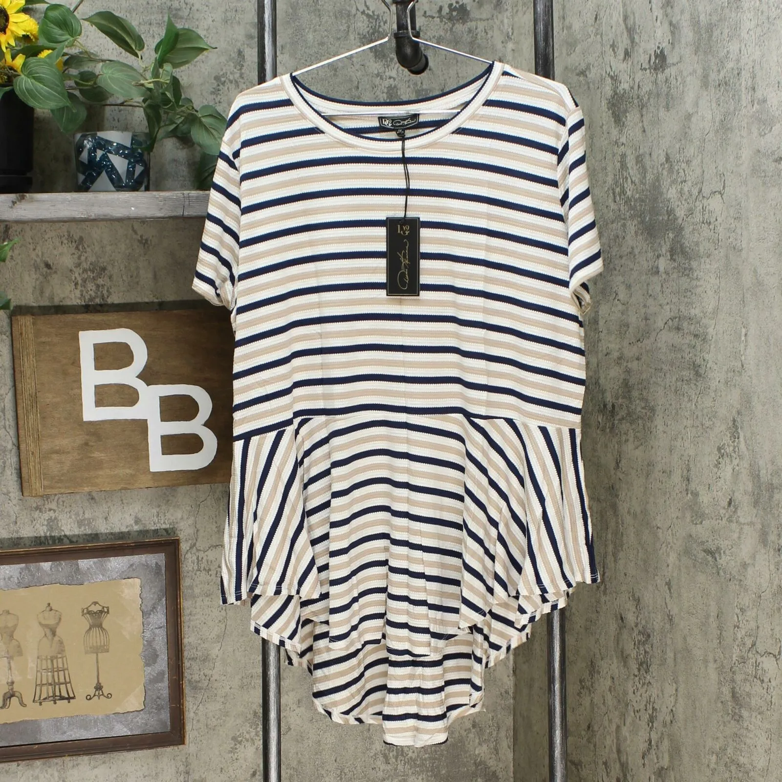 DG2 by Diane Gilman Women's Plus Size Striped Peplum Drama Top