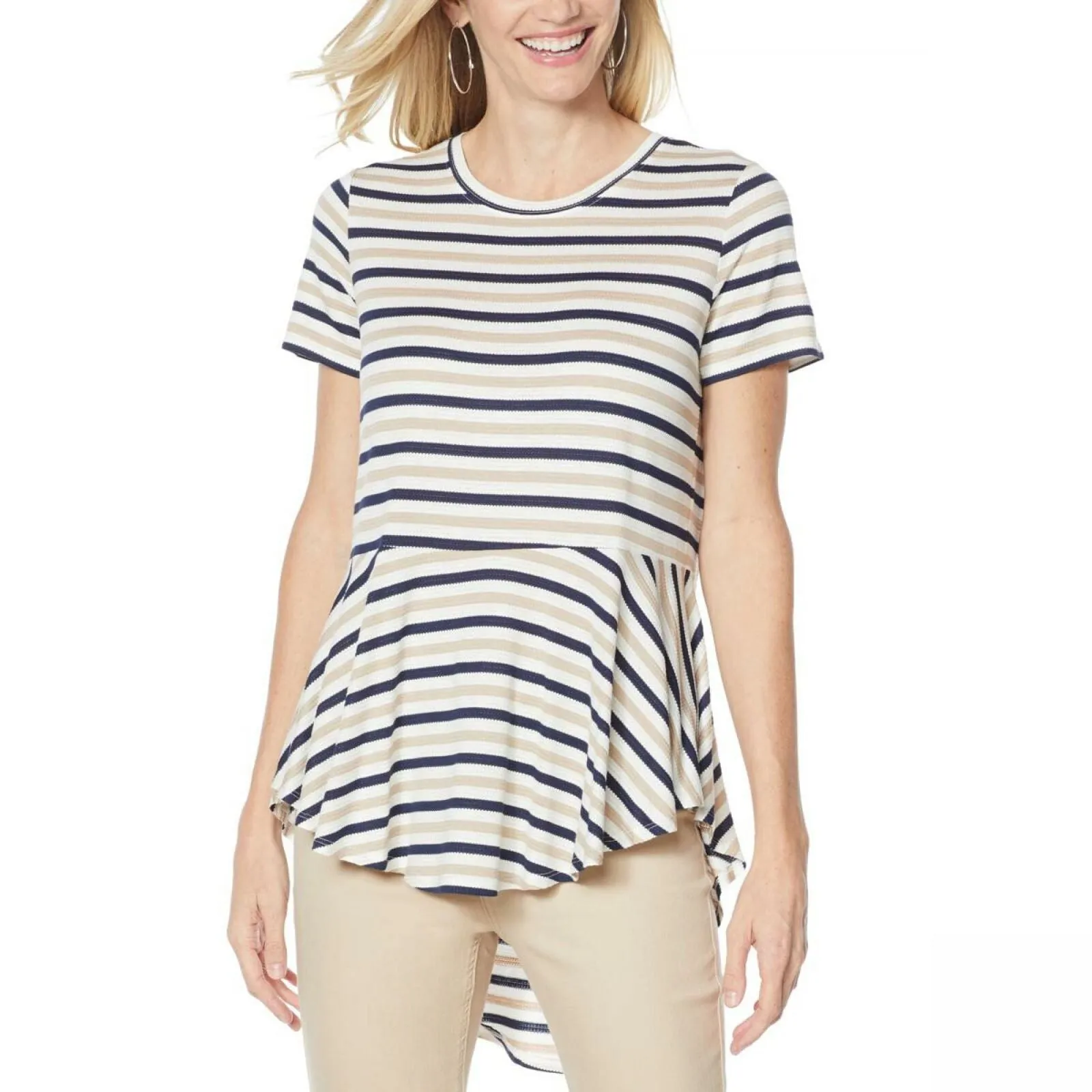 DG2 by Diane Gilman Women's Striped Peplum Drama Top Beige Plus 1X