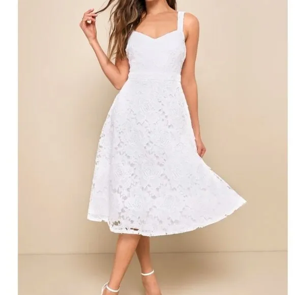Divine Beauty White Lace Midi Dress With Pockets Size XS NWOT