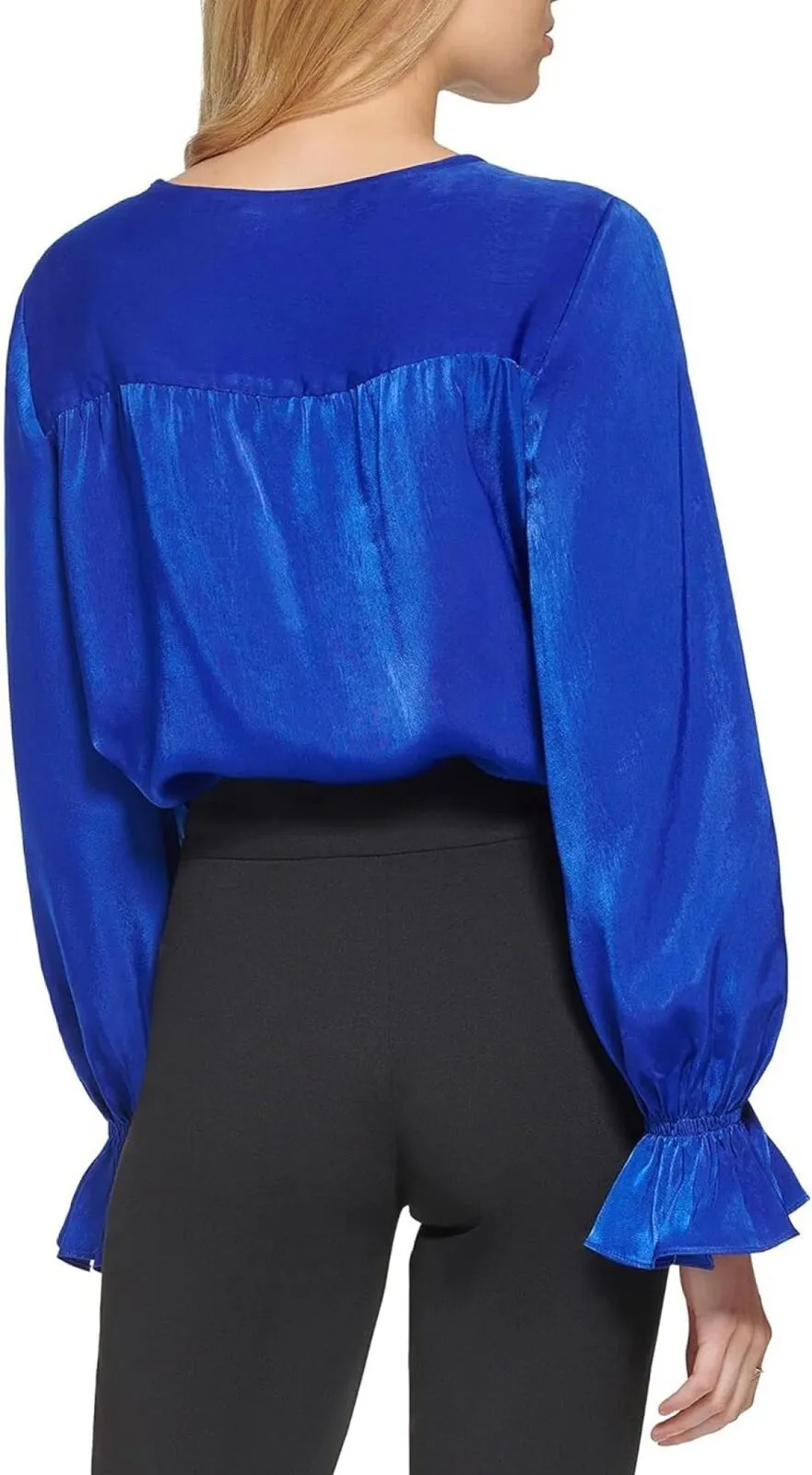 DKNY Womens Long Sleeve Satin V-Neck Ruffle Cuff Blouse P2JANQ40